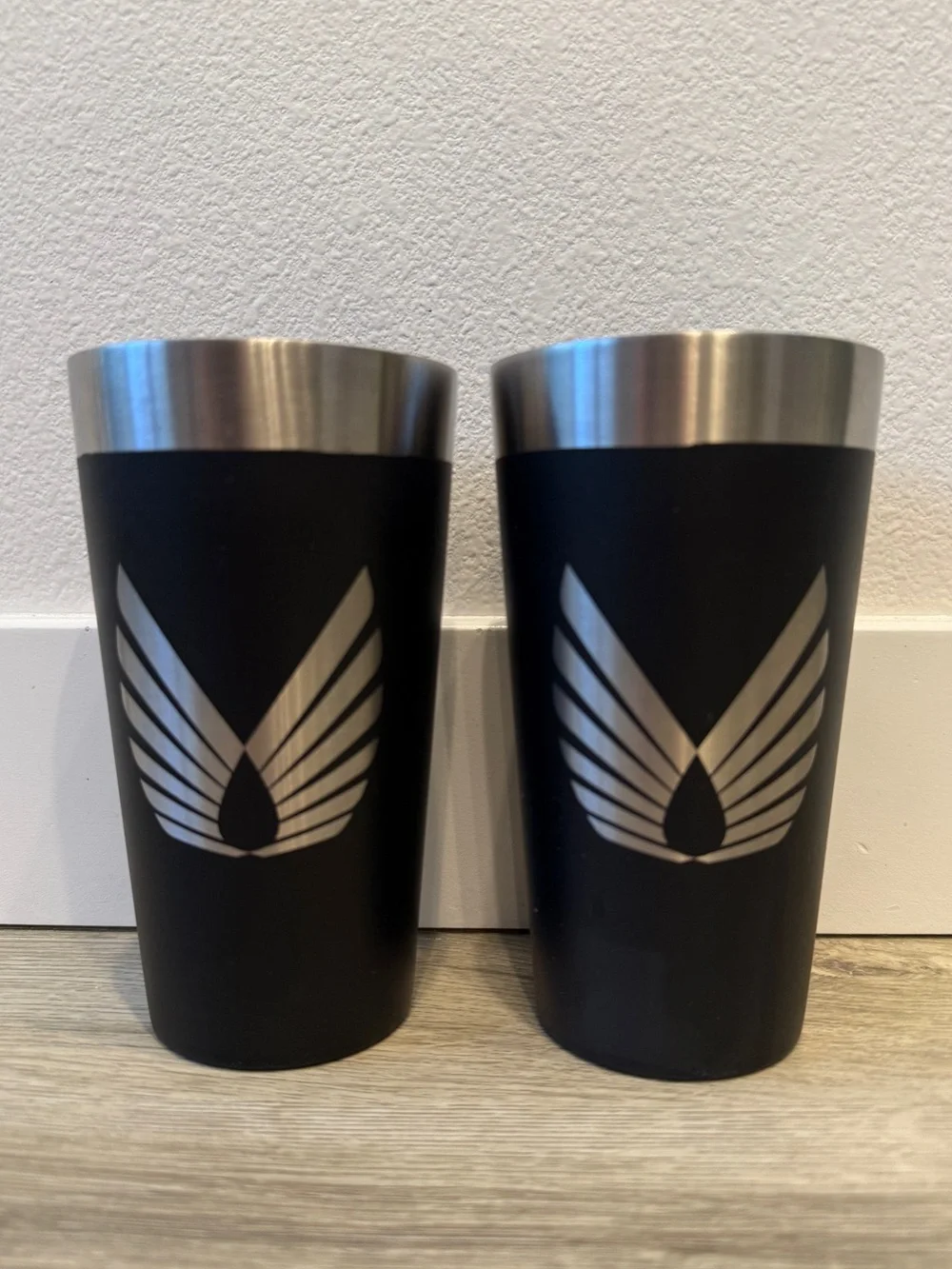 Two double wall insulated stainless steel pint glasses travel camping outdoors